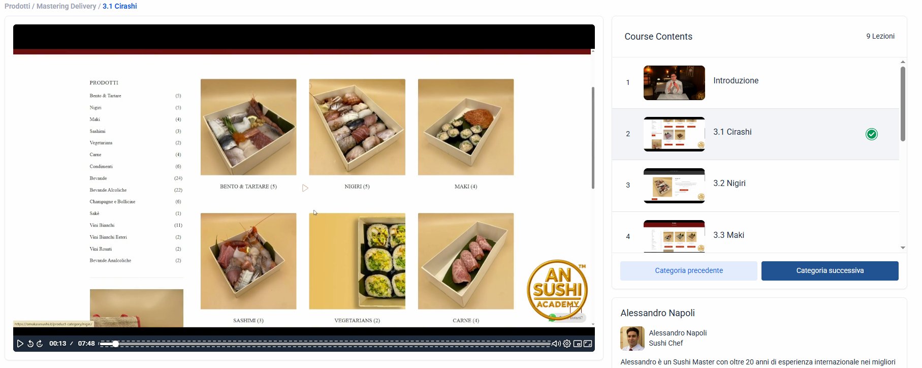 Lezione della piattaforma: catalogo delivery con bento, nigiri, maki, sashimi e chirashi in packaging dedicato