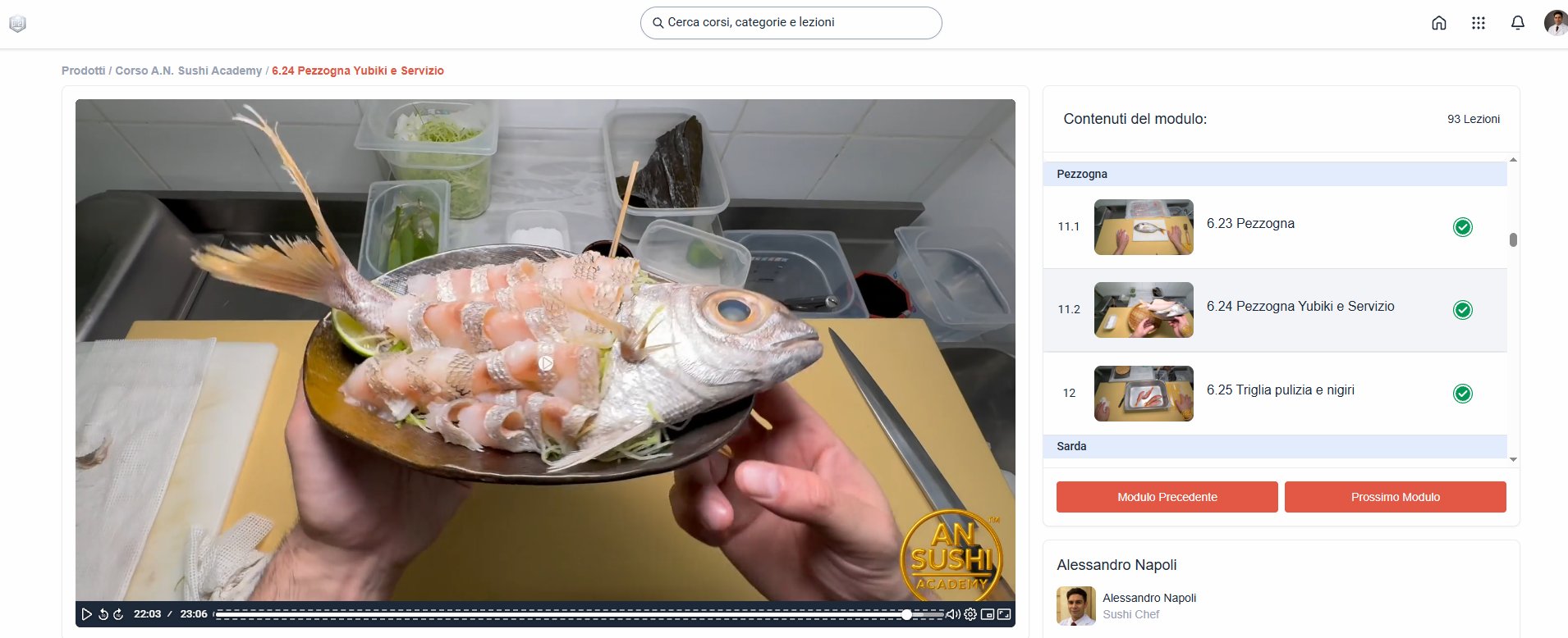 Schermata della piattaforma didattica A.N. Sushi Academy: lezione sulla pezzogna, yubiki e servizio