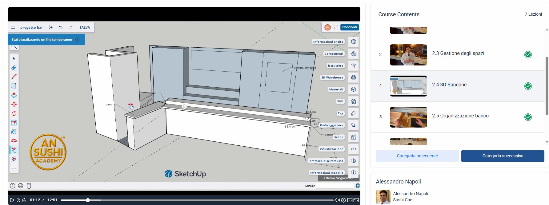 Lezione della piattaforma: modello 3D del bancone omakase, con indice del modulo progettazione